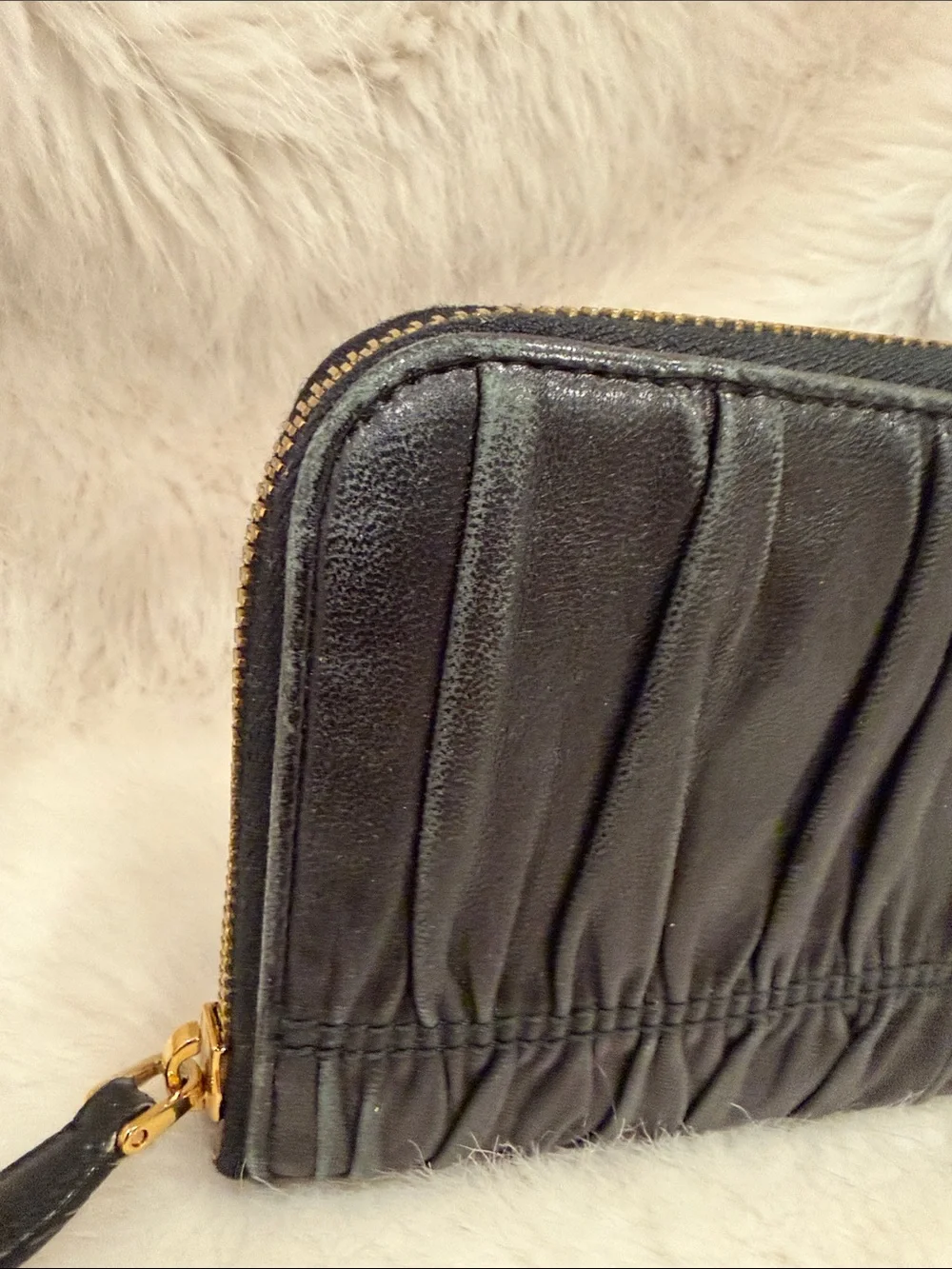 Prada Black Gathered Leather Zip-Around Wallet with Gold Logo